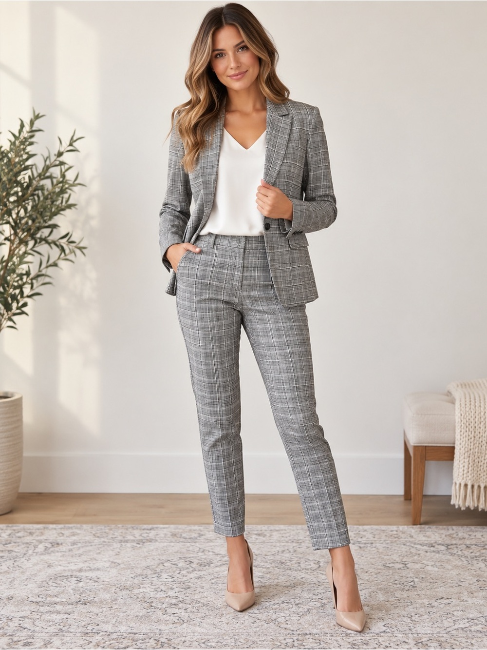 RW&CO Grey Plaid 4-Piece Suit Set Blazer 2 x Pants + Skirt Size 8/10